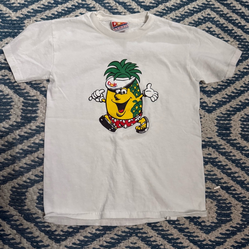 White and Green Short Sleeve Tee with Pineapple Graphic